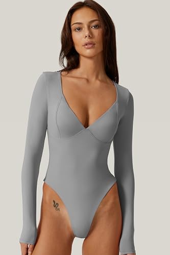 Image of QINSEN Women's Long Sleeve Bodysuit V Neck Body Suits Seamed Cup Going Out Tops Shirt