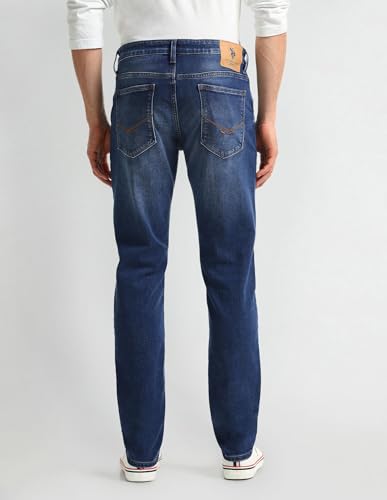 Image of Men's Dark-Blue Solid Mid Rise Light Button Stretchable Cotton Blend 1050 Men's Jeans (UDJEN1274 Dark-Blue 30)