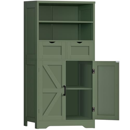 Image of TEENFON Bathroom Cabinet with Adjustable Shelf & 2 Drawers, Farmhouse Storage Cabinet with 2 Doors, Kitchen Storage Cabinets for Living Room, Entryway, Home Office, Forest Green