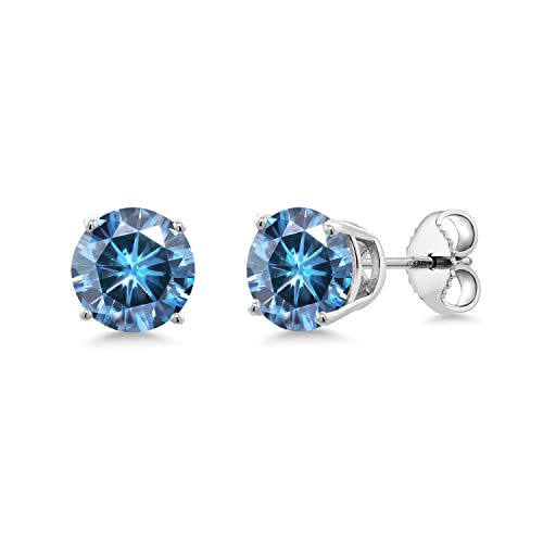 Gem Stone King 925 Sterling Silver Persian Blue Round Moissanite Stud Earrings For Women Men (2.00 Cttw, Round 6.5MM)