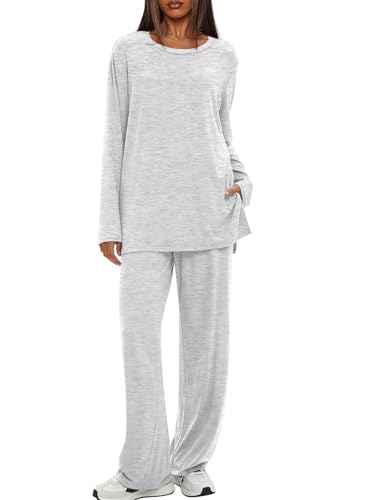 Darong Women's 2 Piece Lounge Set Casual Long Sleeve Crew Neck Tops Wide Leg Pants Travel Airport Outfit Matching Sets