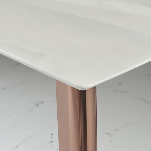 Image of The Attic Modern Dining Table, White Faux Marble Top & Polished Rose Gold /Copper Metal Legs, Rectangular 6 Seater Dining Table Kitchen or Office Table