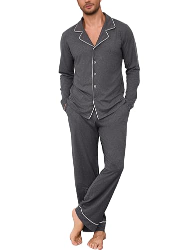 Bresdk Pijama Hombre Invierno Algodon con Botones Manga Larga Ropa de Dormir Largo Loungewear, Gris Oscuro, M