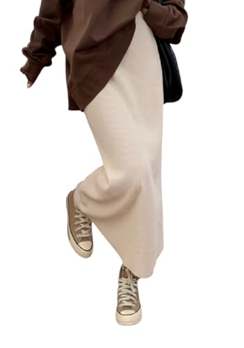 [link bleu] リンクブルー スカート コーデュロイ ロング リブ ニット タイト ウエスト ゴム ゆったり 暖かい 秋 冬 レディース (XXL,ホワイト)