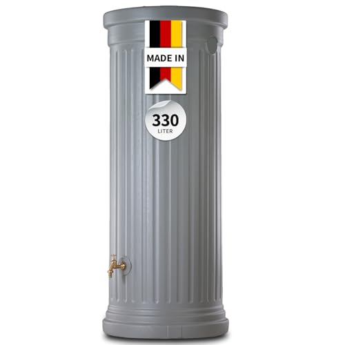 GARANTIA Säulentank Regentonne 330 Liter steingrau - Wassertank, Regenfass, Regenwassertonne, Wasserbehälter, Regenwassertank, Wasserfass, Wassertonne, Wassertonnen für Garten, Fass