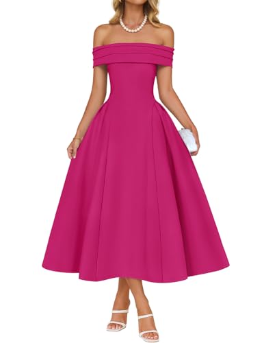 Image of ZESICA Summer 2026 Cocktail Dresses for Women's Off Shoulder Short Sleeve Swing A Line Wedding Evening Party Midi Dress