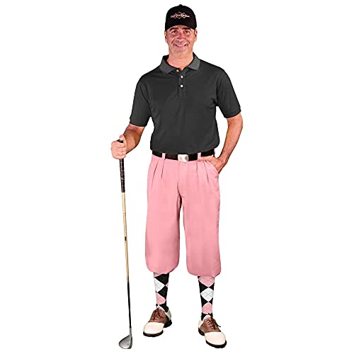 Golf Knickers Mens Outfit - Pink Microfiber, Limited Edition Ball Cap, Over-The-Calf Argyle Socks, Black Golf Shirt