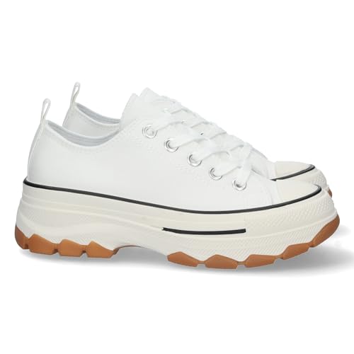 shoes&blues.es 72874-Zapatilla de Plataforma para Mujer, Comoda, Estilo Bamba, Material de Lona, y Cierre de Cordones. Talla 36 Blanco