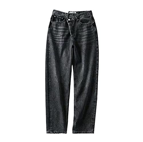 Jean vintage 90S femme noir en taille 54 avec une coupe droite asymétrique confortable