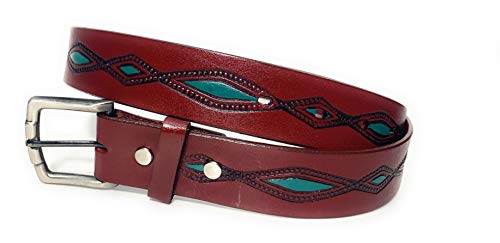 Men's Turquoise Decorated Western Casual Work Leather Belt 1 1/2 Inch Wide (36, Burgundy)