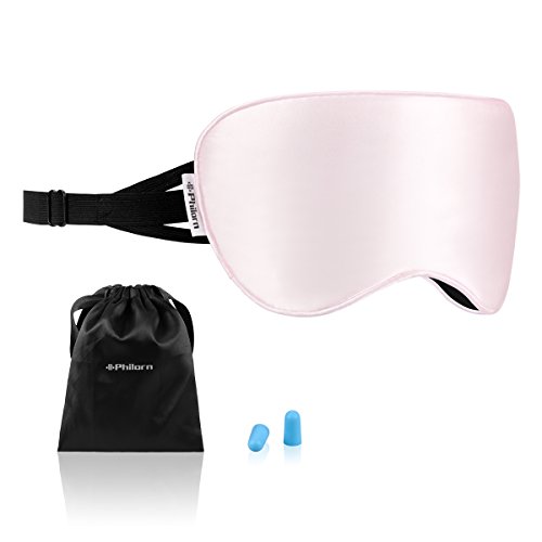 Philorn Soie Naturelle Masque de Yeux pour Dormir, Masque de Sommeil, Doux pour la Peau avec Sangle Réglable et Bouchons d'oreilles Antibruit, Anti-lumière Masque de Nuit Rempli de Pur coton (Rose) Cover