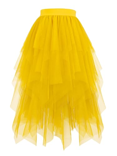 Hanpceirs Damen Tüll Röcke High Low Layered Puffy Fee Röcke A-Linie Midi Rock Unregelmäßiger Tutu Rock Gold M