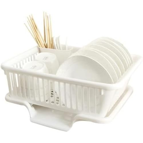Lekolock 食器収納ボックスプラスチックの水切りかご横箸付き箸置き簡単収納省スペースキッチン多機能自動排水抗菌軽量高級乾燥食器 (正面水切りかご,ホワイト)