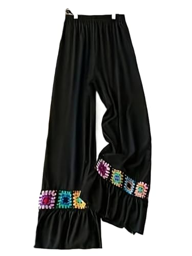 Women's Bohemian Wide-Leg Pants, Black Polyester, Straight Cut, Colorful Embroidered Applique Detail