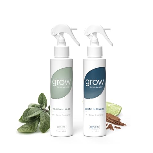 Grow Fragrance Certified Non Toxic 100% Plant Based Fabric and Room Air Freshener Spray. Made with All Natural Essential Oils (Woodland Sage & Pacific Driftwood 2 pack) 2 x 5oz