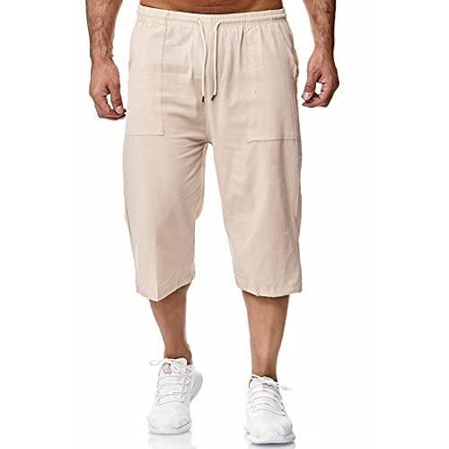 Rela Bota Men's Cotton Linen Pants Casual Beach 3/4 Shorts Summer Trousers Elastic Waist Lightweight Xl Khaki #TOP12