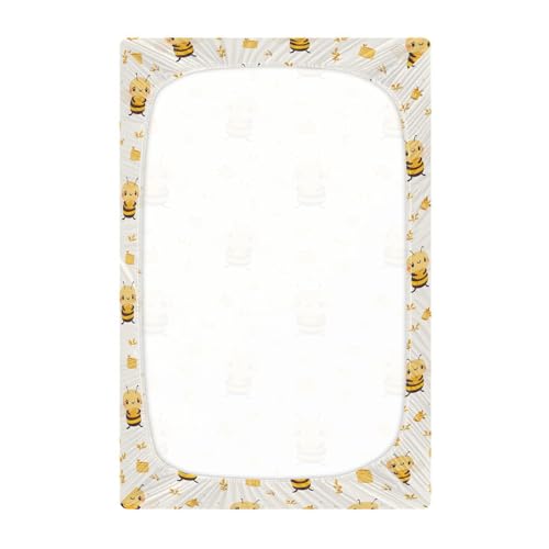 Image of Fitted Crib Sheets Yellow Bee Holding Honey Pot Stretchy Portable Playard Sheets for Baby Toddler, Breathable Soft Mini Crib Mattress 39 x 27 in for Boys and Girls