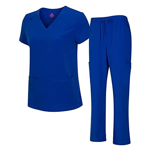 M&M SCRUBS Women's Breathable Cool Stretch Fabric Scrub Top and cargo Pant Set (Royal, Medium)