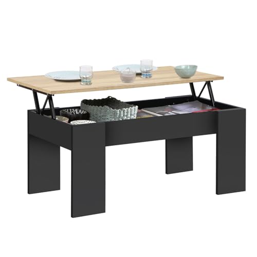 IDMarket - Table Basse Plateau relevable rectangulaire Tara Bois Noir et Imitation hêtre