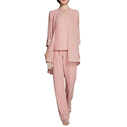 Zongqiven Women's Mother of The Bride Pants Suits Full Length Chiffon Lace 3/4 Sleeve 3 Pcs Wedding Sets