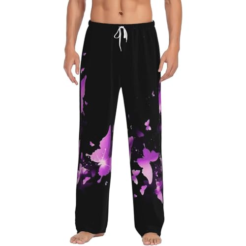 Pantalon de pyjama homme polaire violet avec poches chaud nuit hiver papillon