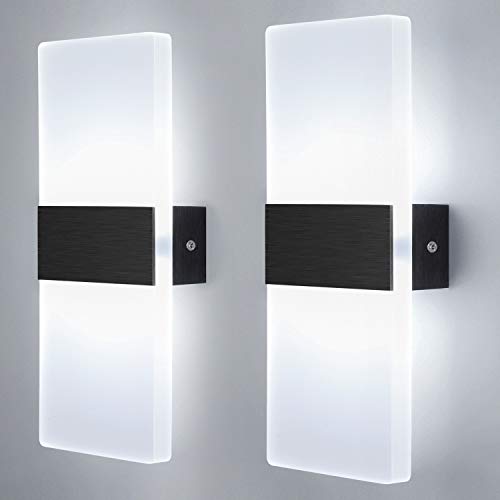 Glighone Apliques de Pared Interior Lámpara de Pared Moderno 12W Lámpara de Pared Negro Cepillado Iluminación Luz Interior para Salon Dormitorio Pasillo Escalera, 2pcs Blanco Frio