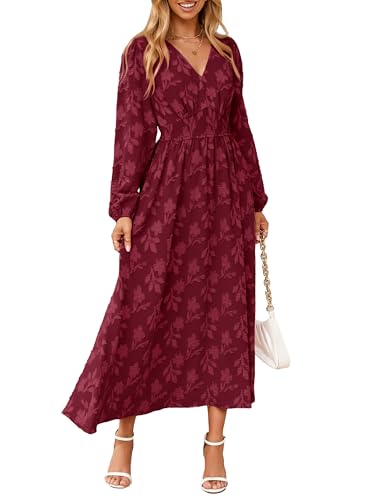Image of Simplee Womens Boho Floral Long Sleeve Maxi Dress V Neck Empire Waist Fall Wedding Guest Dresses with Pockets