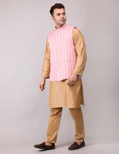 Image of Men's Cotton Silk Blend Regular Kurta Pyjama, Embroidered Nehru Jacket /Waistcoat Set