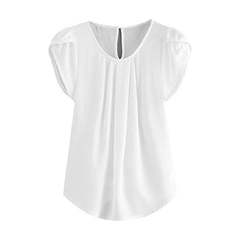 Milumia Women's Casual Round Neck Basic Pleated Top Cap Sleeve Curved Keyhole Back Blouse - White - X-Large Cover