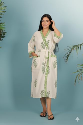Image of Hand Block Print 100% Cotton Waffle Fabric White Bathrobe For Women's Ultra-Soft & Lightweight After Bath Spa Bathrobe | Highly Absorbent Green