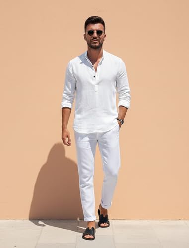 Image of Men's Cotton Blend Straight Kurta Shirt with Mandarin Collar - Slim Fit Casual Short Kurti Featuring Textured Slub Fabric and Roll-Up Full Sleeves