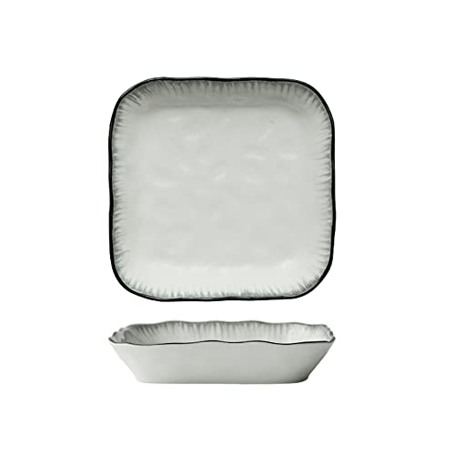 Assiettes carrées en céramique à Motif irrégulier de 20 cm, Lignes Grises, Lot de 2, Blanc et Noir