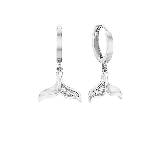 CZ Mermaid Tail Dangle Hoop Earrings for Women Girls 925 Sterling Silver Charms Cute Crystal Fish Whale Dolphin Tail Drop Cartilage Huggie Jewelry Delicate Fashion Birthday Christmas Gifts (Silver)