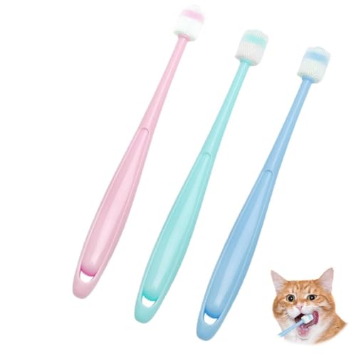 VOSSOT Juego de 3 Cepillos de Dientes para Gatos, 360 Grados, Silicona Suave, Reutilizable, para Perros y Gatos, Colores Rosa Azul y Verde