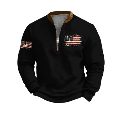 HOTYD Men's Pullover Sweater 1/4 Zip Vintage USA American Flag Graphic Casual Long Sleeve Western Cowboy Sweatshirt Men