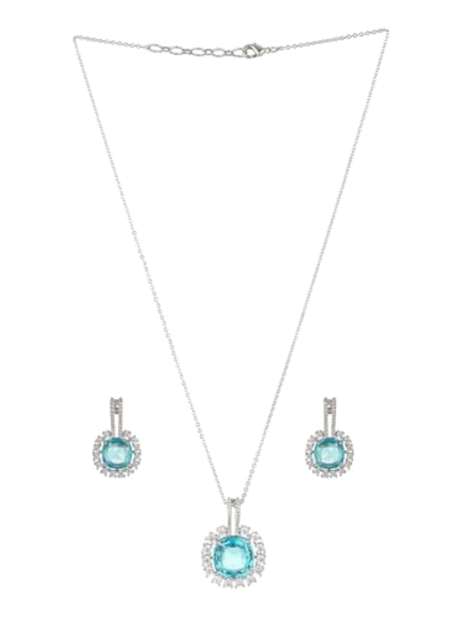 White Plated Aqua AD Studded Statement Locket Set