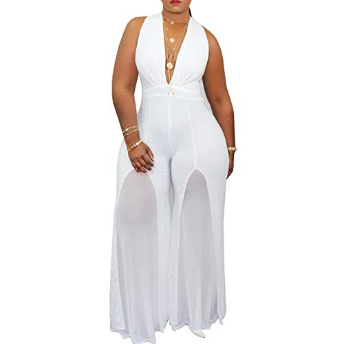 IyMoo Women's Sexy Wrap Top Wide Leg Sleeveless Chiffon Patchwork V Neck Cocktail Jumpsuit White 4XL