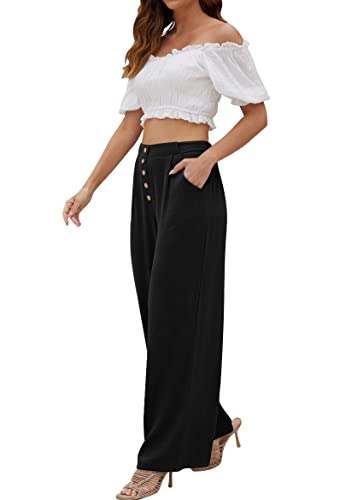 SVALIY Women Flowy Pants Cotton Linen Wide Leg Palazzo Pants Long Lounge Slacks High Waist Button Trousers Pocket