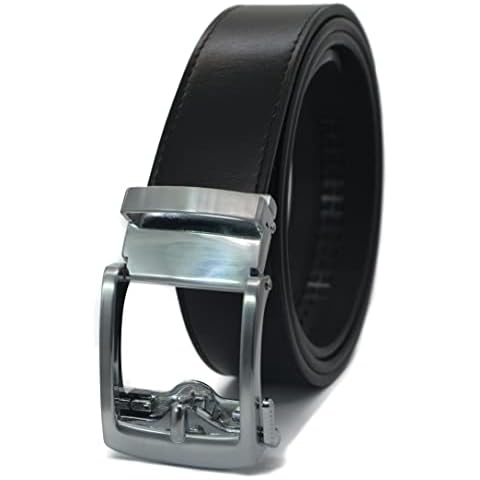Men's Leather Ratchet Click Belt - Classico Brushed Silver Buckle with Charcoal Black Leather Belt (Trim to Fit: Up to 40'' Waist) Cover