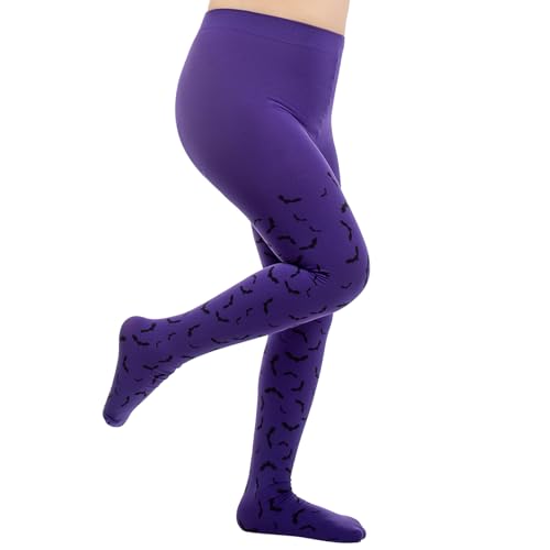 MANZI Girl's Purple Patterned Tights Opaque Halloween Tights with Designs Spider Web Witch Kids Pantyhose Leggings X-Large Bat