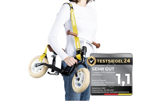 MiniMates Tragegurt für Laufrad | Praktischer Schultergurt für Laufrad, Leicht und Verstellbar | Bequemes Tragen von Laufrädern - Robustes Material - Perfekt für unterwegs (gelb)