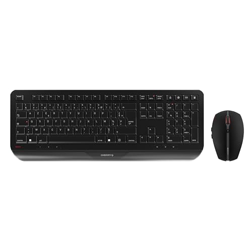 CHERRY GENTIX Desktop, Kabelloses Tastatur-Maus-Set, Französisches Layout (AZERTY), 2,4 GHz Funk, Integrierte Handballenauflage, Symmetrische Maus, Schwarz