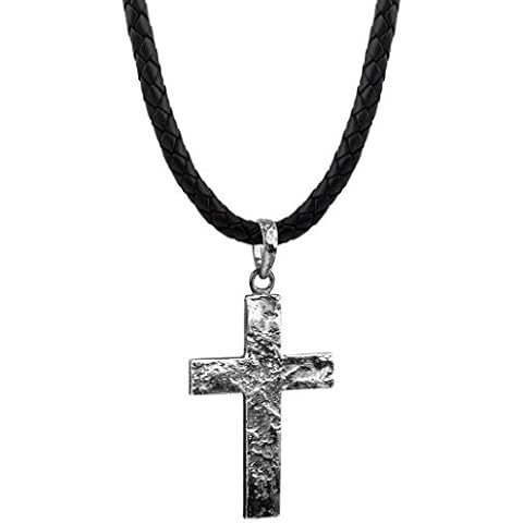 Kuzzoi ZOI-001 Men’s Leather Necklace with Cross Pendant Solid 925 Sterling Silver Black Braided Leather Thickness 5.5 mm Cover