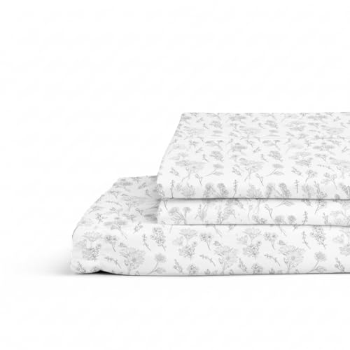 Image of Linen Home Cotton Percale Fitted Bedsheet Set King Size Floral Grey