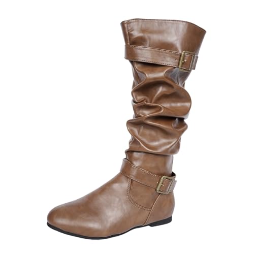 Bottes en cuir plissé marron avec boucle de ceinture élégante