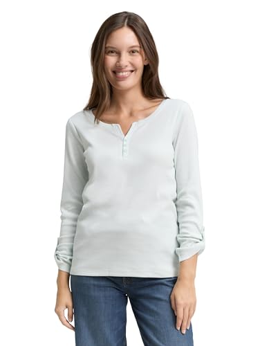 Tom Tailor Damen 1024036 Henley Longsleeve Mit Streifenmuster, 40015 - Offwhite Mint Small Stripe, M EU – Ansicht 1