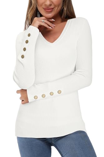 Newshows Womens Sweaters Fall V Neck Pullover Long Sleeve Stretch Button Casual Ribbed Knit Tops