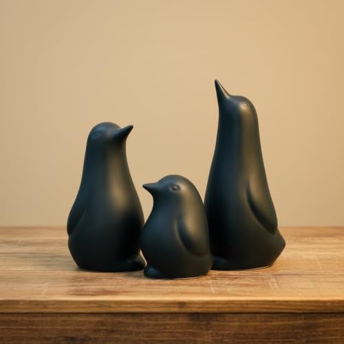 Image of Ceramic Penguin Family Figurine - Set of 3 | Black Penguin Figurines for Home Decor | Modern Nordic Tabletop Accent for Living Room, Bedroom, Office Desk & Shelves | Gift for Housewarming
