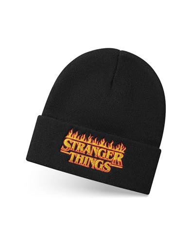 Stranger Things Gorro Unisex Things en Negro | Gorro de Invierno de Punto con Logotipo Bordado de Llamas Hombres y Mujeres | Gorro cálido de Talla única para Adultos