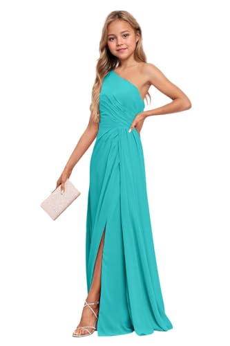 Turquoise Junior Bridesmaid Dresses One Shoulder Chiffon Flower Girl Dress for Wedding Long Party Pageant Gowns Size 12